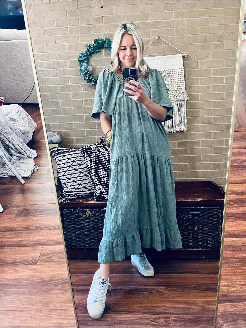 Ces Femme Olive Green V-Neck Tiered Maxi Dress with Flutter Sleeves